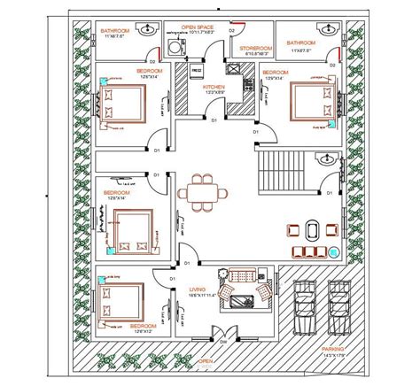 4 Bedroom House AutoCAD Ground Floor Plan Design - Cadbull