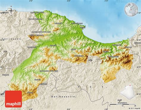 Physical Map of Bejaia, shaded relief outside