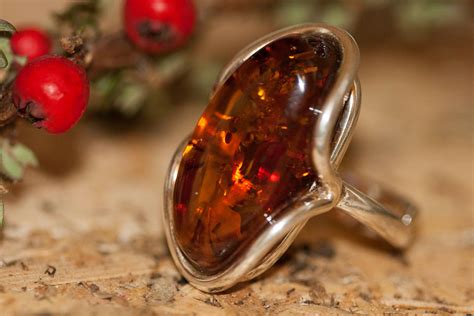 Baltic amber ring. Large, cognac amber & sterling silver, unique ring ...