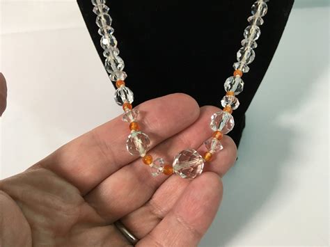 Vintage Graduated Crystal Bead Necklace - Faceted Glass Beads - 24 Long Necklace Clear w/ Orange ...