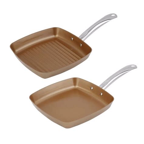 2pcs Copper Coating Bottom Frying Pans Non Stick Square Grill Pan Multifunction Cookware Set ...