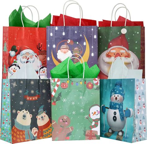 Amazon.com: 24 pcs Christmas Kraft Gift Bags with 24 Tissue Papers ...