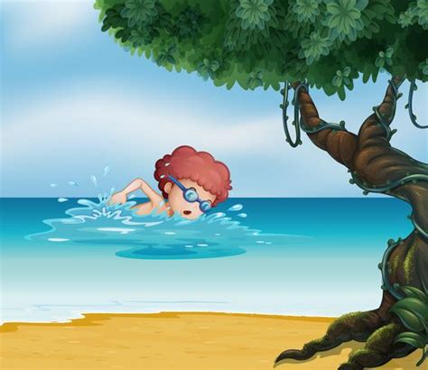 A young man swimming at the beach with an old tree 521982 Vector Art at ...