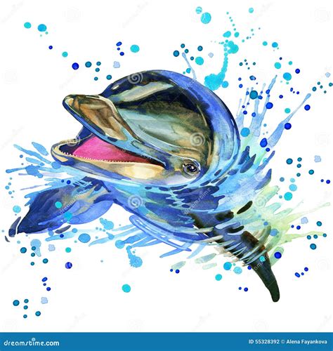 Dolphin Illustration With Splash Watercolor Textured Background Stock ...