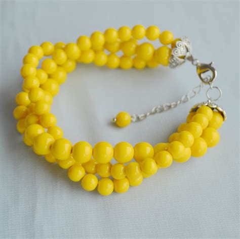 Yellow Bracelet, Yellow Bead Bracelet, Triple Strands Glass Pearl Bracelet,twist Pearl Bracelets ...