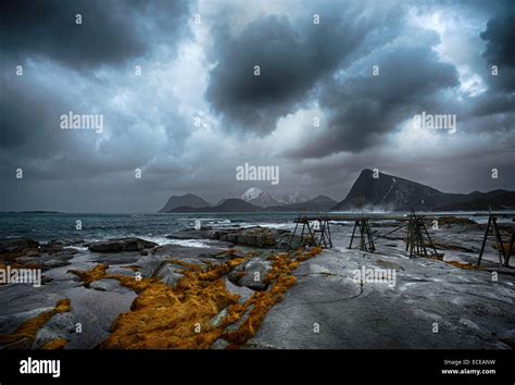 Norway, Lofoten Island, Sandnes, Sea coast with storm clouds Stock Photo - Alamy