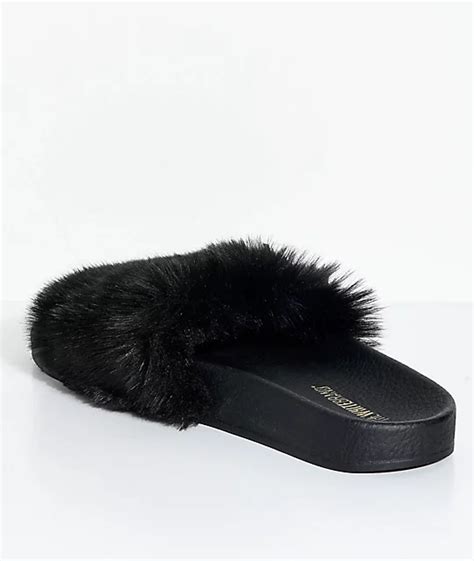 TheWhiteBrand Black Fur Slide Sandals | Zumiez