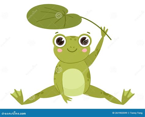 Cartoon Funny Froggy, Cute Frog Sitting Under Leaf. Green Amphibia ...