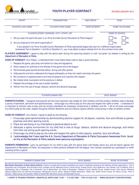 2012 Form MD Youth Player Contract - Anne Arundel County Fill Online, Printable, Fillable, Blank ...