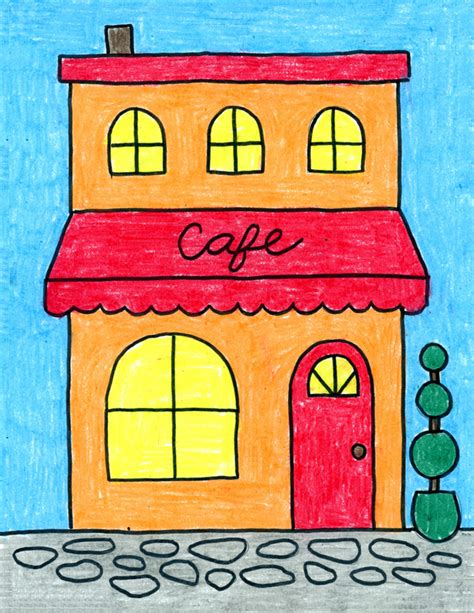 Easy How To Draw A Cafe Tutorial And Cafe Coloring Page Drawing ...