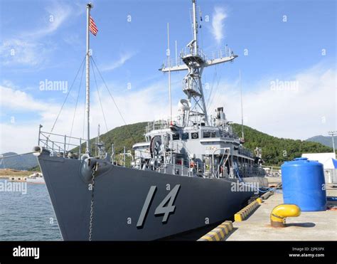 The mine countermeasures ship USS Chief (MCM 14) is moored to a pier at ...