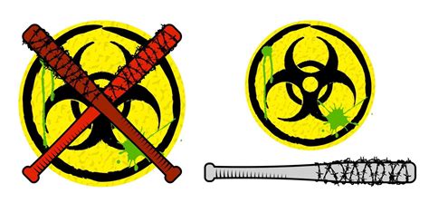 Biohazard sign and baseball bats in barbed wire. Weapons and signs of zombie apocalypse ...