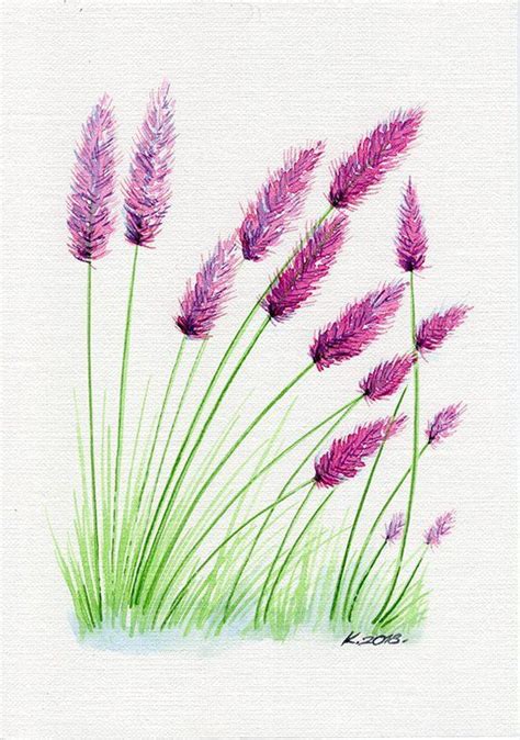 Flowers grass Herbs pink green Watercolor Original Painting Art Quick ...