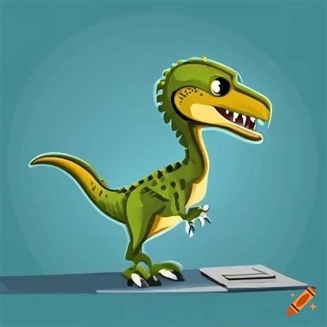 Cartoon raptor using a computer on Craiyon