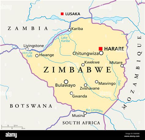 Zimbabwe Political Map with capital Harare, with national borders, most important cities, rivers ...