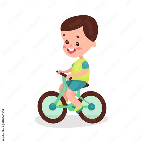 Adorable brunette little boy riding bike cartoon vector Illustration Stock Vector | Adobe Stock