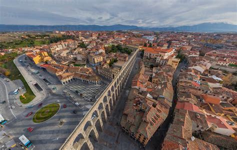 Aerial view of the Aqueduct of Segovia, Spain stock photo