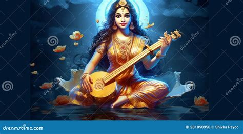 Hindu Goddess Saraswati Mata with Her Sitar Stock Illustration - Illustration of hindu, puja ...