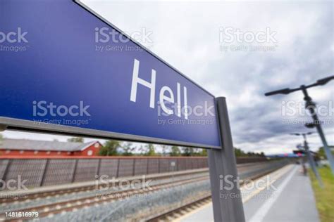 Hell Sign At The Railroad Station Norway Stock Photo - Download Image Now - Accidents and ...