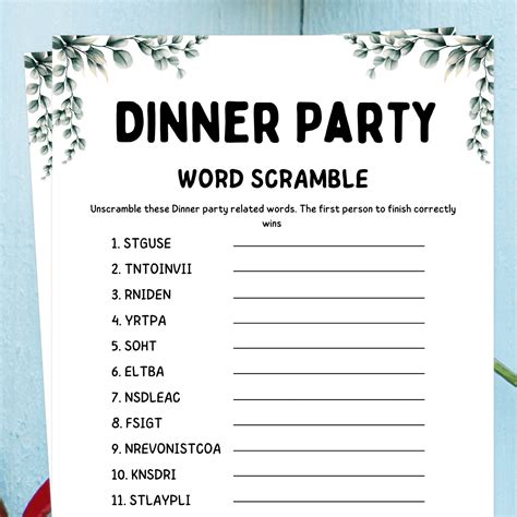 Greenery dinner party word scramble printable dinner party games dinner games for kids and ...