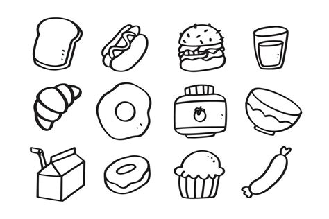 Set of food hand drawn line art illustration for design element. simple ...