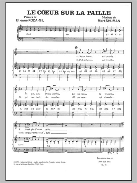 Mort Shuman Le Coeur Sur La Paille Sheet Music Notes, Chords | Sheet ...