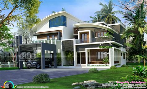 Luxurious curvy roof 6 bedroom home - Kerala home design and floor plans