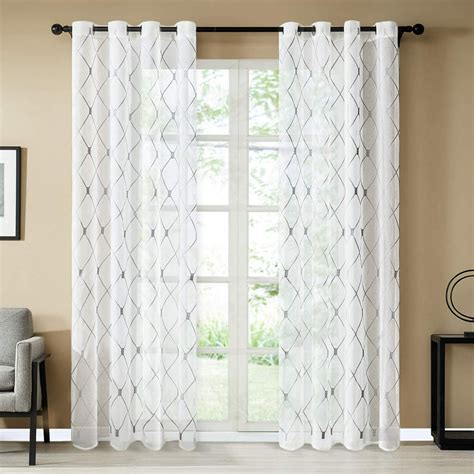 Topfinel White Sheer Curtains 84 Inches Long Gray Embroidered Diamond ...