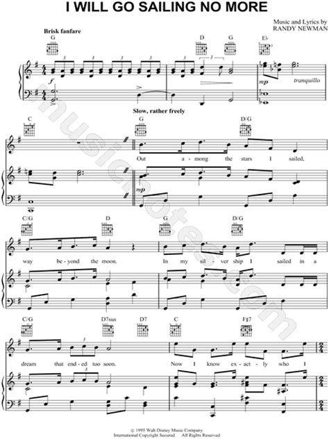 Randy Newman "I Will Go Sailing No More" Sheet Music in G Major (transposable) - Download ...