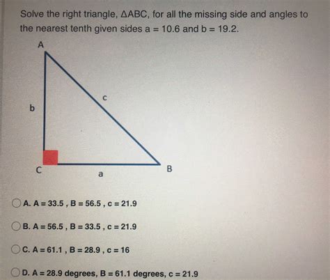 Solve the right triangle, \( \triangle ABC \) , fo... - CameraMath