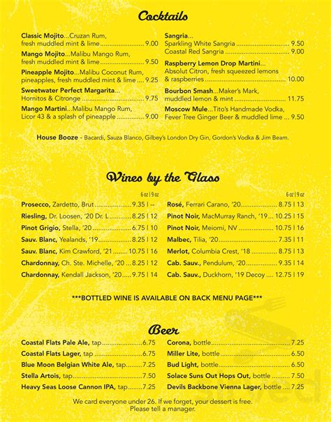 Coastal Flats menu in Fairfax, Virginia, USA