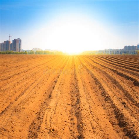 Sunset over ploughed field stock photo. Image of dusk - 40845348