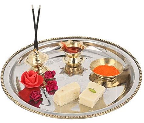 JaipurCrafts Steel and Brass Puja Thali Set for Diwali Poojan/Pooja Ro