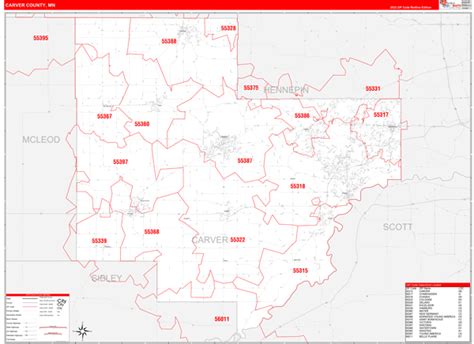 Carver County, MN Zip Code Wall Map Red Line Style by MarketMAPS - MapSales