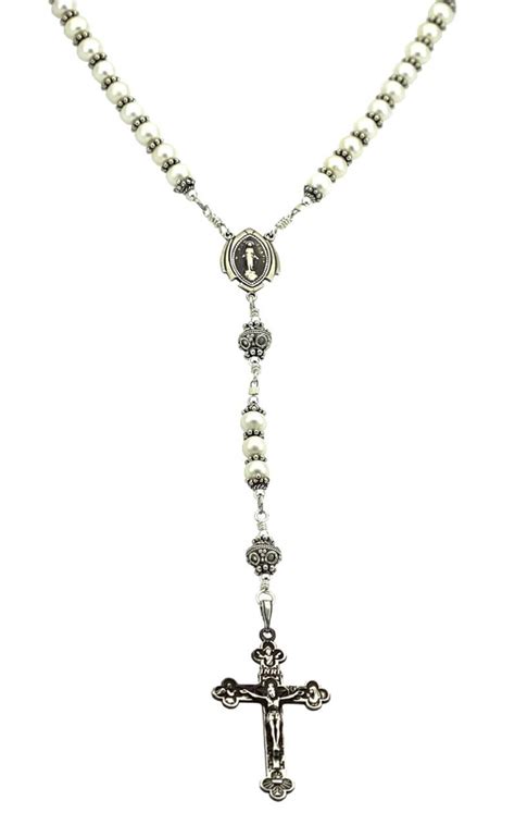 Sterling Silver Rosary Necklace Freshwater Cultured Pearl 6mm Crucifix ...