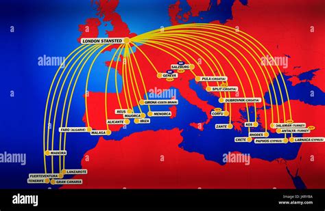 Electric advertising board map for Jet2 flight destination from Stansted airport, Essex, England ...