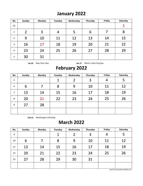 Free Monthly Calendar 2022, 3 months per page (vertical) | Free-calendar-template.com