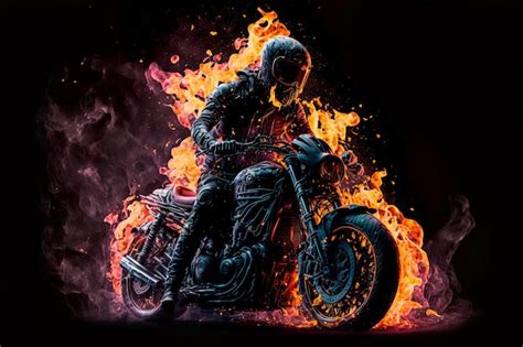 Premium Photo | Fire motorbiker in dramatic dark scene wallpaper generative ai