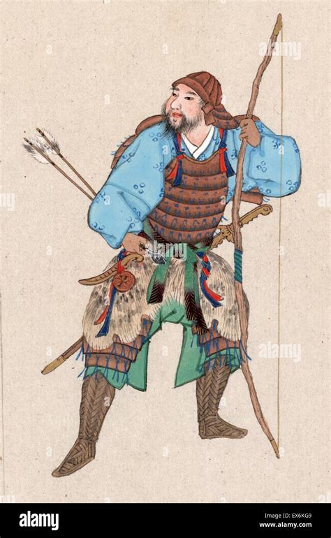 Colour print of a Samurai, wearing armour and a horned helmet, whilst ...