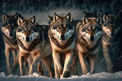 Premium Photo | Pack of hungry wolves hunting in winter