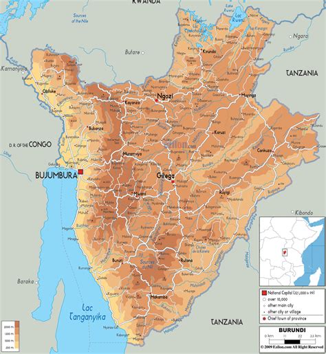 Large physical map of Burundi with roads, cities and airports | Burundi ...