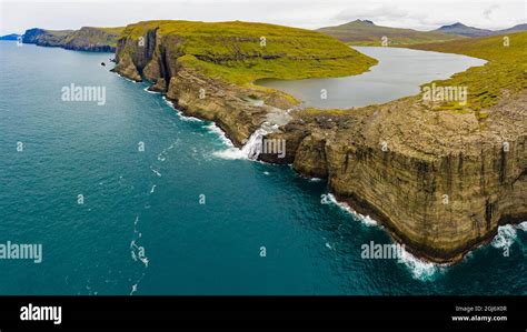 Europe, Faroe Islands. Aerial view Aerial view of Bosdalafossur, a ...