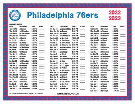 Printable 2022-2023 Philadelphia 76ers Schedule