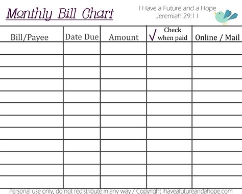 Printable Monthly Bill Chart | Calendar Template Printable