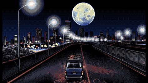 PC 98 Pixel Art Dark Background Cityscape Vehicle Road Digital Art Waku ...