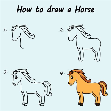 Step by step to draw a Horse. Drawing tutorial a Horse. Drawing lesson for children. Vector ...