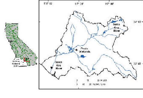 Map of the Santa Ana River watershed. The star represents the sampling ...