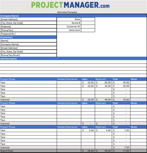 Estimate Template for Excel (Free Download) - ProjectManager