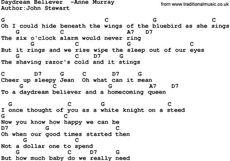 Country Music:Daydream Believer -Anne Murray Lyrics and Chords