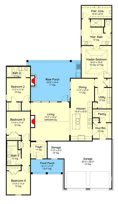 Under 2200 Square Foot 4 Bed House Plan with Outdoor Fireplace and ...